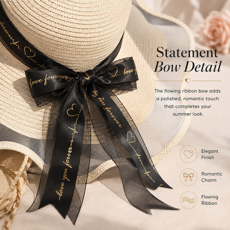 Women's Wide Wavy Brim Straw Sun Hat — Sheer Mesh Edge, Statement Bow, 5 Colors