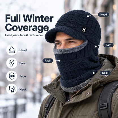 Winter Knit Hat with Visor Face Cover & Neck Warmer