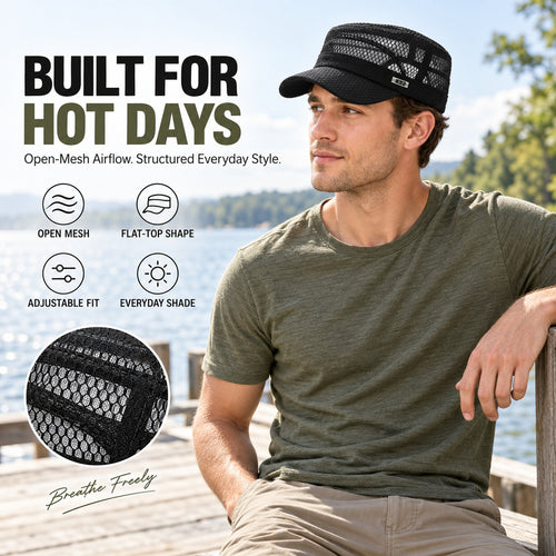 Open-Mesh Flat-Top Cap — Breathable Military Style Hat, Adjustable Metal Buckle, Unisex.