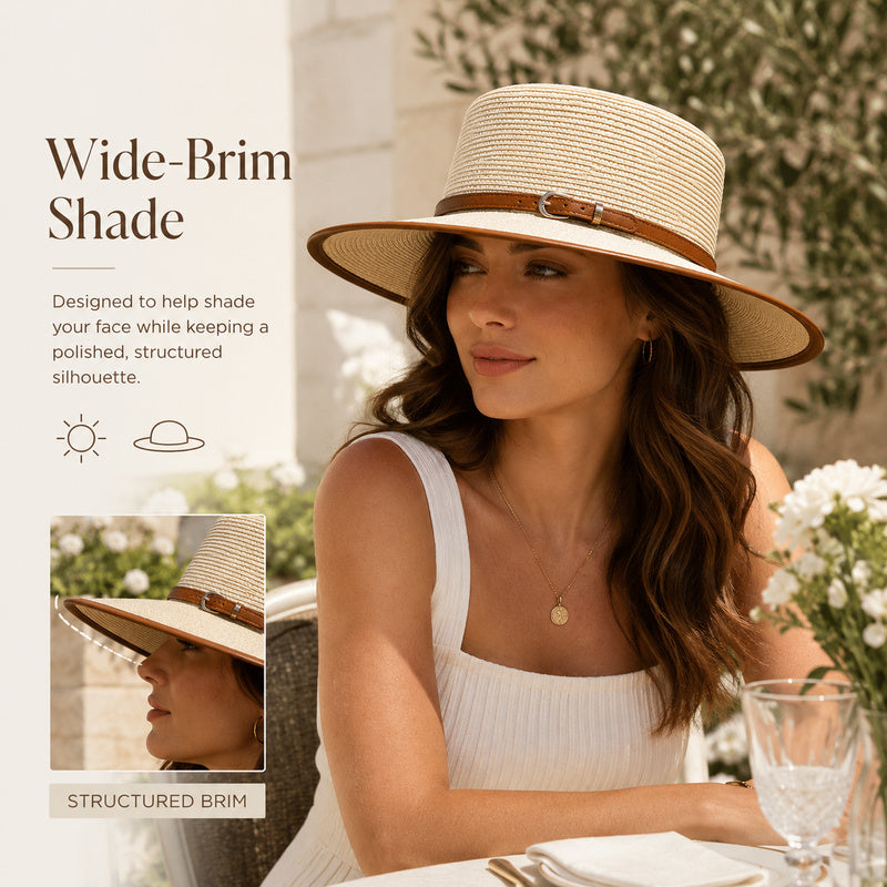 Women's Wide Brim Straw Boater Hat — Buckle Band, Structured Flat-Top, 4 Colors