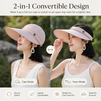 Women's Wide-Brim 2-in-1 Convertible Sun Hat — Cap & Visor.