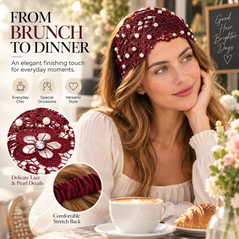 Wide Lace Pearl Headband – Elegant Floral Hair Band with Stretch Back.