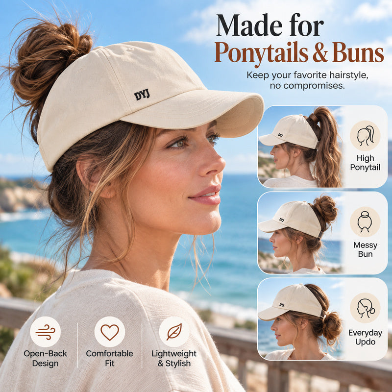 Open-Back Ponytail Cap — High Bun & Ponytail Friendly.