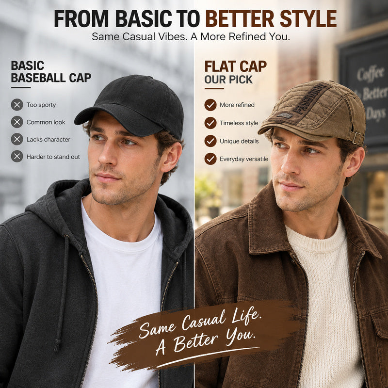 Washed Cotton Vintage Flat Cap — Adjustable Fit.