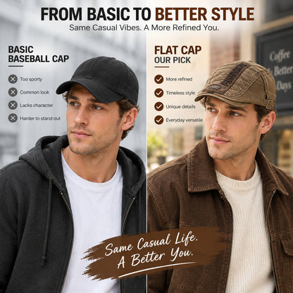 Washed Cotton Vintage Flat Cap — Adjustable Fit.