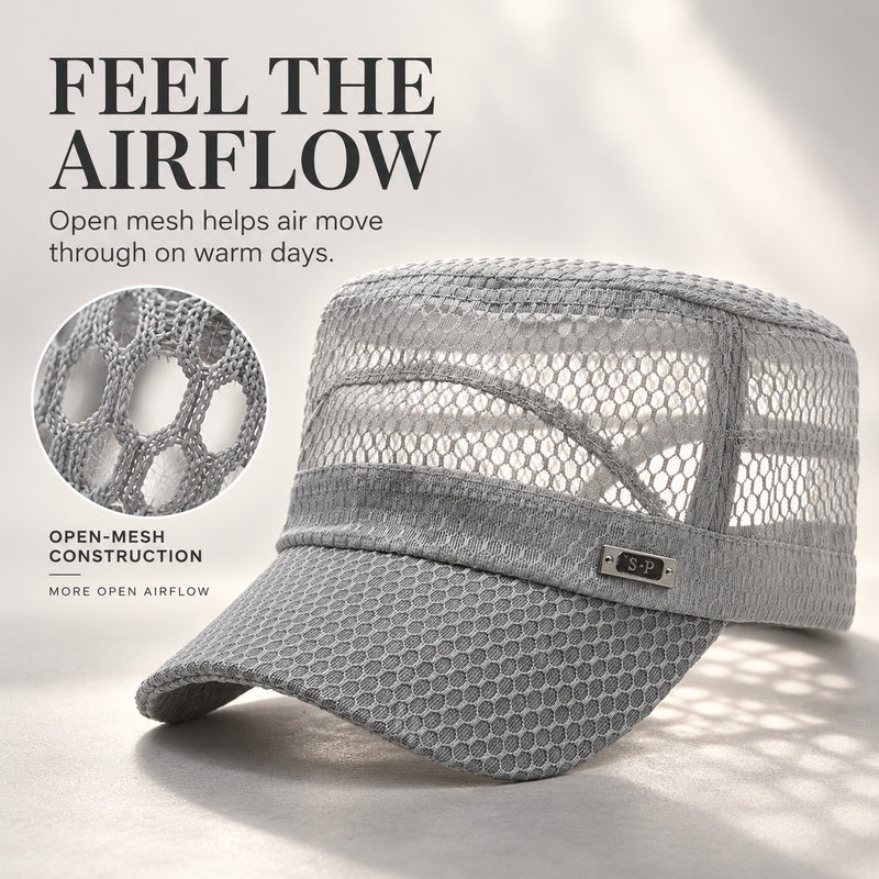 Open-Mesh Flat-Top Cap — Breathable Military Style Hat, Adjustable Metal Buckle, Unisex.