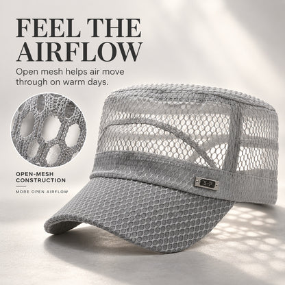Open-Mesh Flat-Top Cap — Breathable Military Style Hat, Adjustable Metal Buckle, Unisex.