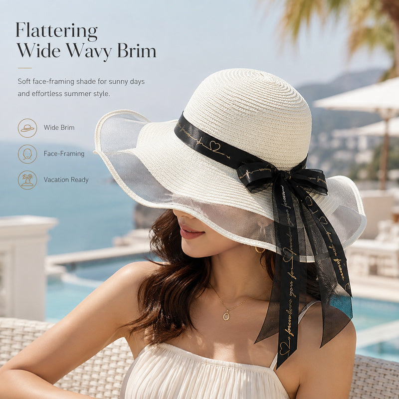 Women's Wide Wavy Brim Straw Sun Hat — Sheer Mesh Edge, Statement Bow, 5 Colors