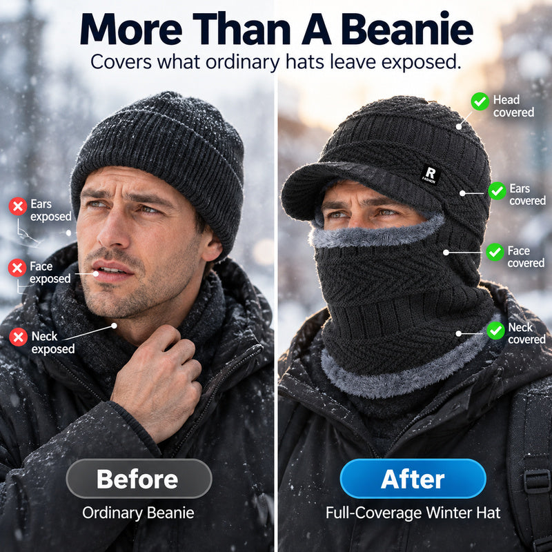 Winter Knit Hat with Visor Face Cover & Neck Warmer