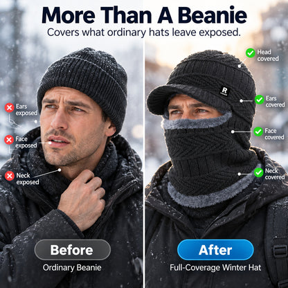 Winter Knit Hat with Visor Face Cover & Neck Warmer