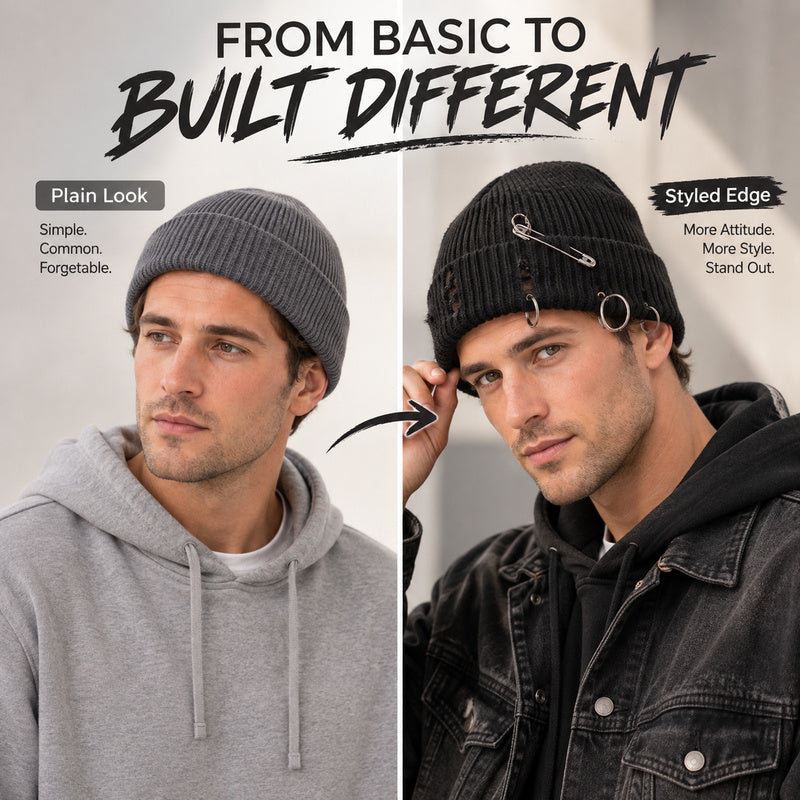 Distressed Knit Beanie with Safety Pin & Metal O-Ring — 8 Colors