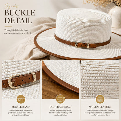 Women's Wide Brim Straw Boater Hat — Buckle Band, Structured Flat-Top, 4 Colors
