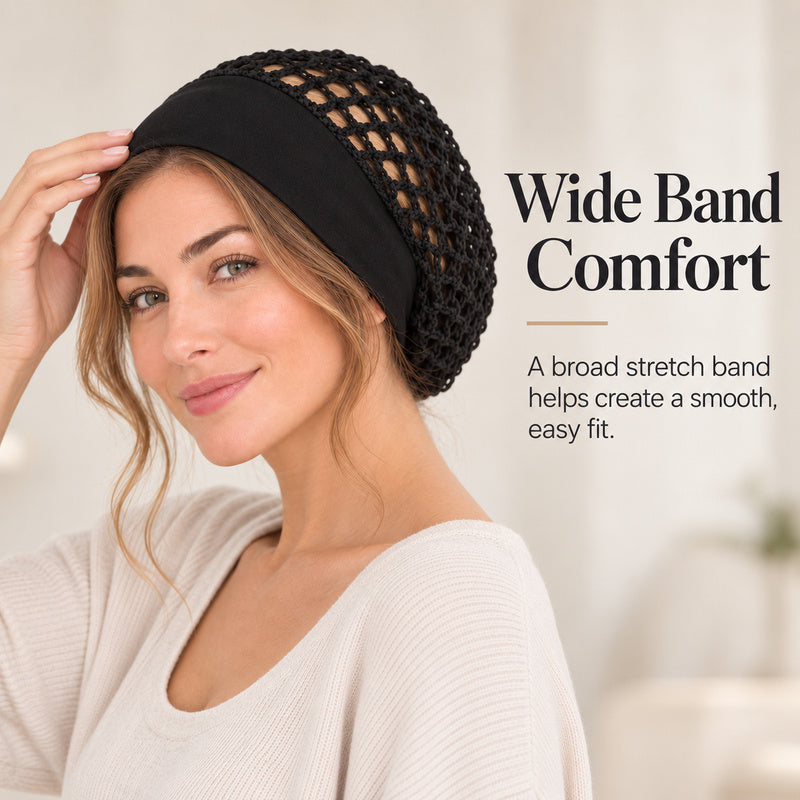 Wide soft front band of crochet hair snood