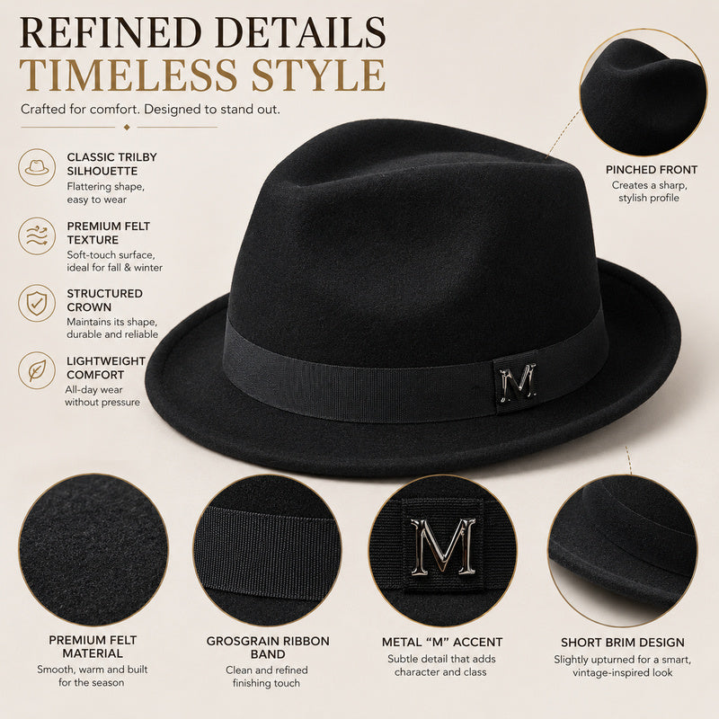 Classic Short-Brim Trilby Hat — Premium Felt, Metal Accent, 10 Colors, Unisex
