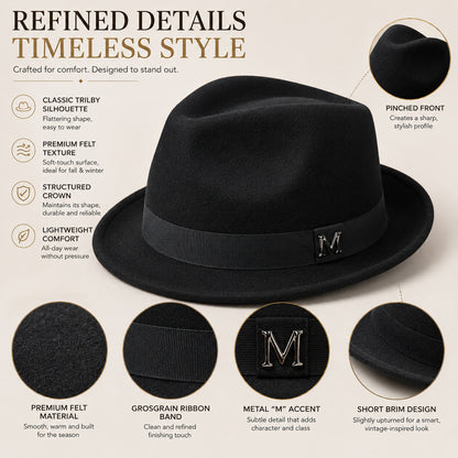 Classic Short-Brim Trilby Hat — Premium Felt, Metal Accent, 10 Colors, Unisex