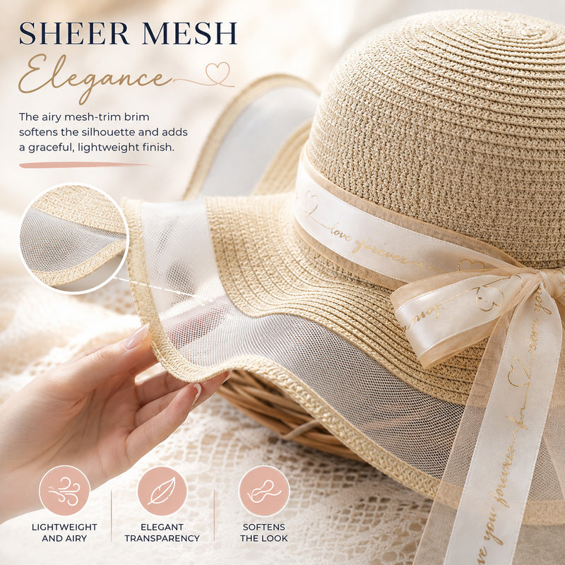 Women's Wide Wavy Brim Straw Sun Hat — Sheer Mesh Edge, Statement Bow, 5 Colors