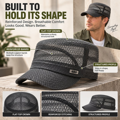 Open-Mesh Flat-Top Cap — Breathable Military Style Hat, Adjustable Metal Buckle, Unisex.