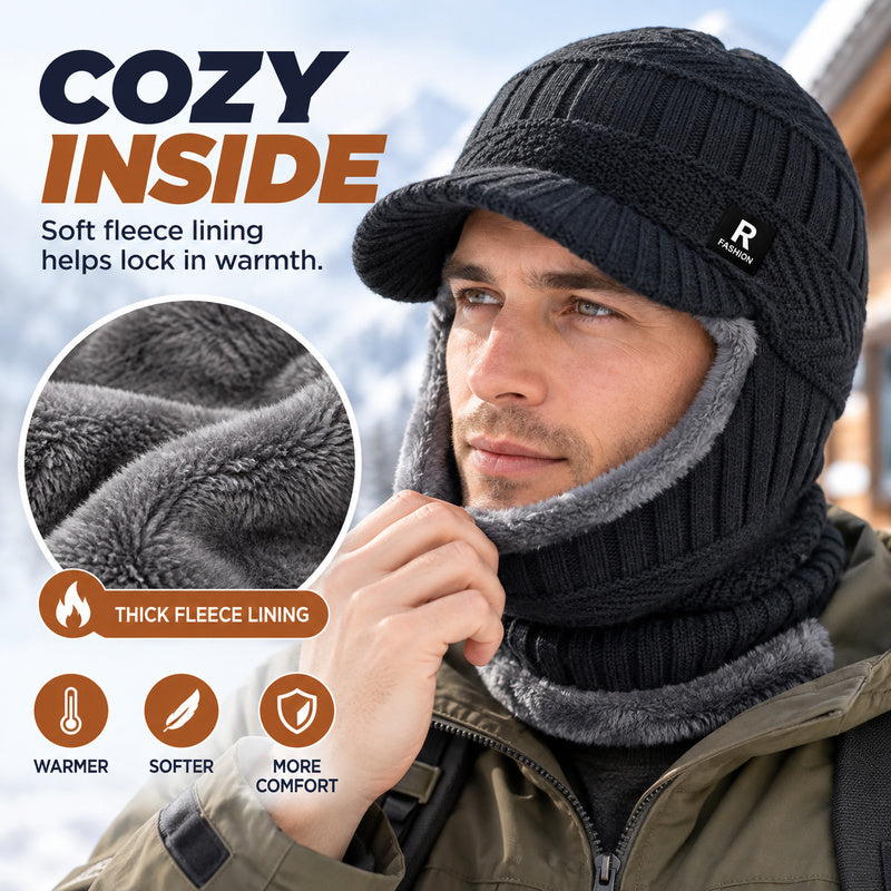 Winter Knit Hat with Visor Face Cover & Neck Warmer
