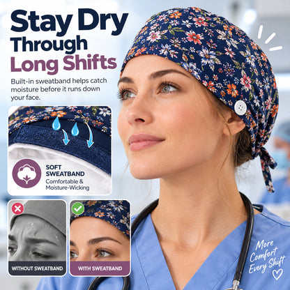 Floral Print Scrub Cap — Sweatband, Mask Buttons, Adjustable Tie-Back