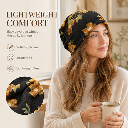Boho Floral Slouchy Beanie for Women Lightweight Soft Stretchy Hat