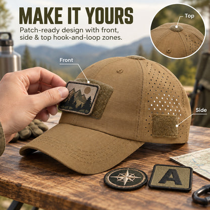 Tactical Baseball Cap with Patch — Breathable Ripstop Hat, Adjustable Fit, Hook & Loop Panels.