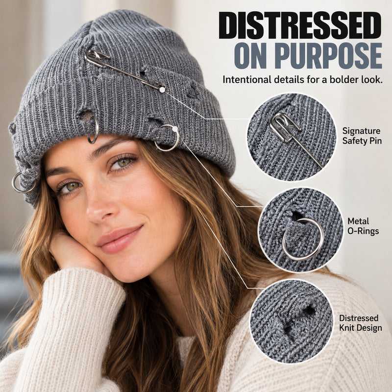 Distressed Knit Beanie with Safety Pin & Metal O-Ring — 8 Colors