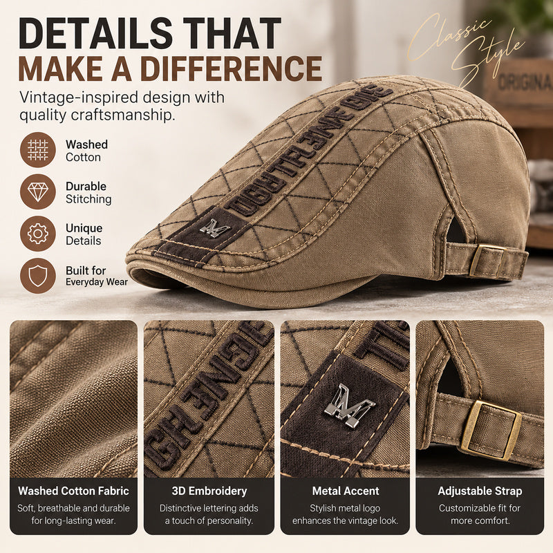 Washed Cotton Vintage Flat Cap — Adjustable Fit.