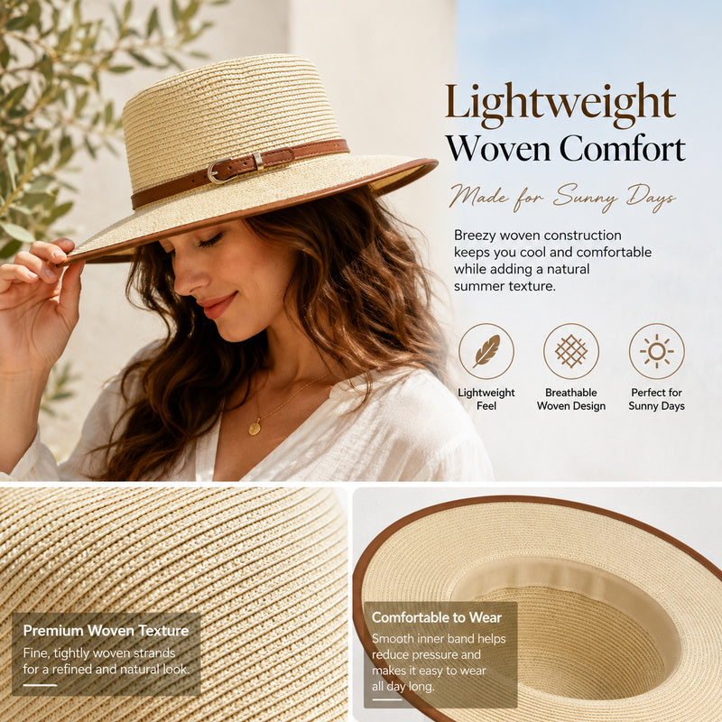 Women's Wide Brim Straw Boater Hat — Buckle Band, Structured Flat-Top, 4 Colors