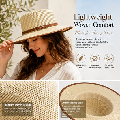 Women's Wide Brim Straw Boater Hat — Buckle Band, Structured Flat-Top, 4 Colors