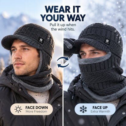 Winter Knit Hat with Visor Face Cover & Neck Warmer