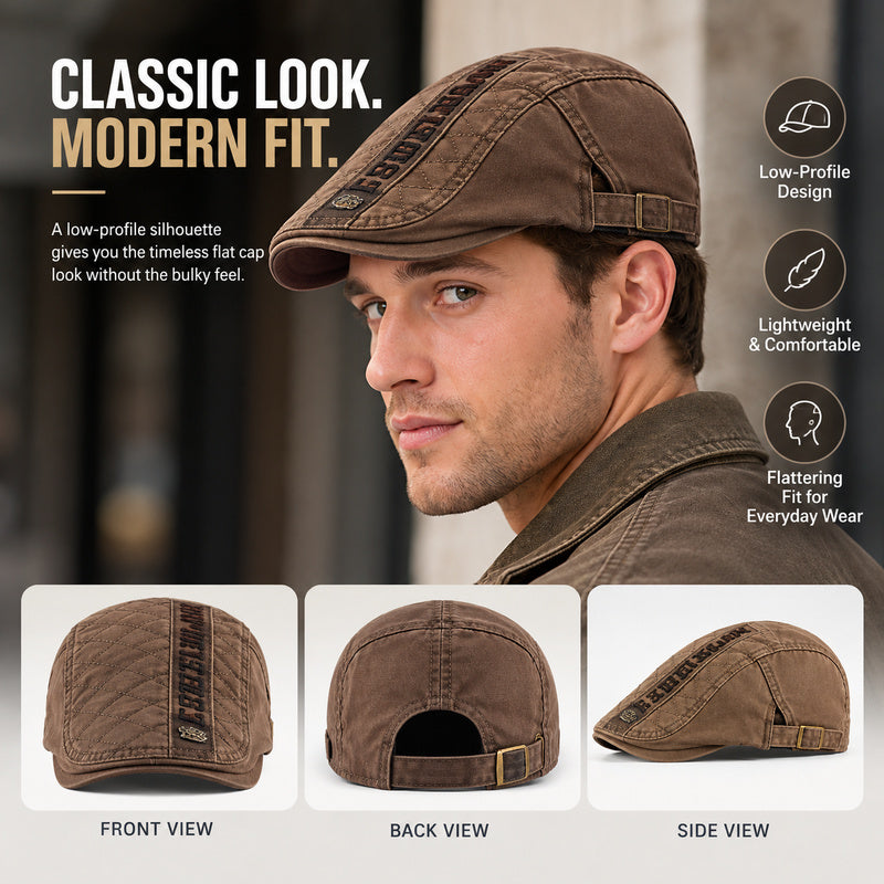 Washed Cotton Vintage Flat Cap — Adjustable Fit.