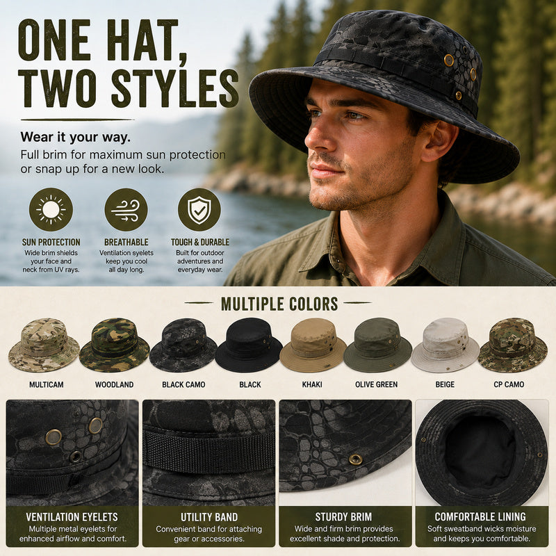 Men's Outdoor Boonie Sun Hat — 360° Shade, Ventilation Eyelets, 8 Colors