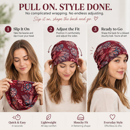 Boho Floral Slouchy Beanie for Women Lightweight Soft Stretchy Hat