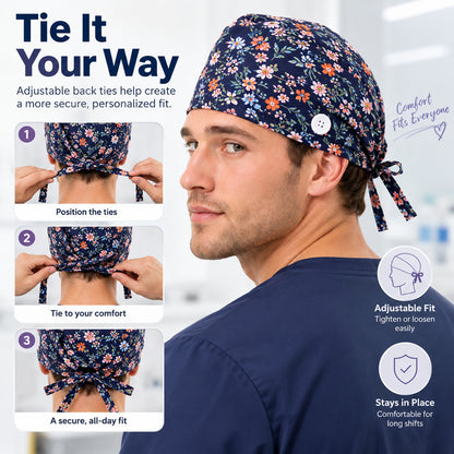 Floral Print Scrub Cap — Sweatband, Mask Buttons, Adjustable Tie-Back