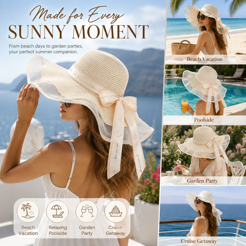 Women's Wide Wavy Brim Straw Sun Hat — Sheer Mesh Edge, Statement Bow, 5 Colors
