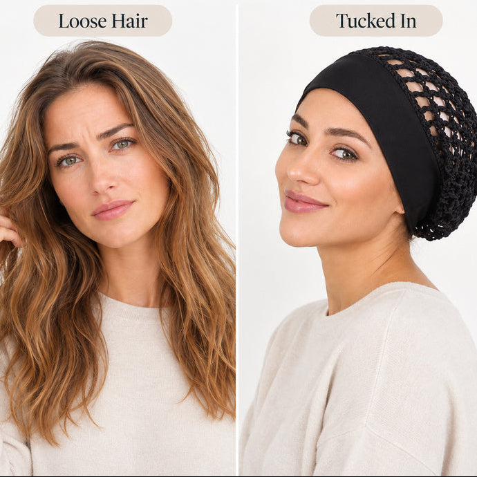 Loose hair compared with hair tucked into crochet snood