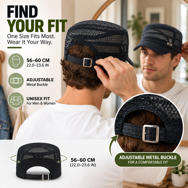 Open-Mesh Flat-Top Cap — Breathable Military Style Hat, Adjustable Metal Buckle, Unisex.