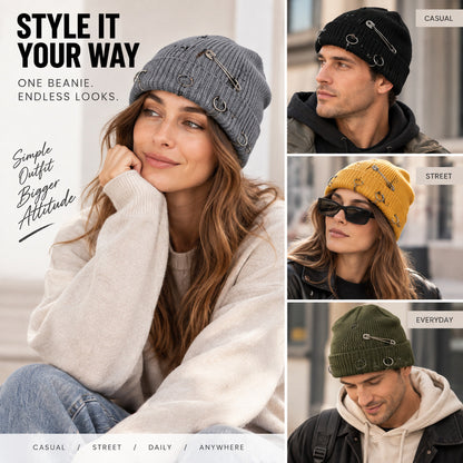 Distressed Knit Beanie with Safety Pin & Metal O-Ring — 8 Colors