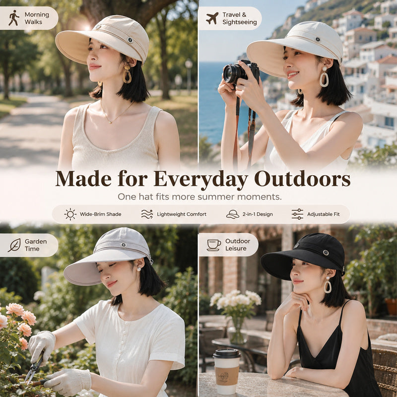 Women's Wide-Brim 2-in-1 Convertible Sun Hat — Cap & Visor.