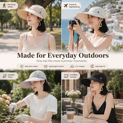 Women's Wide-Brim 2-in-1 Convertible Sun Hat — Cap & Visor.