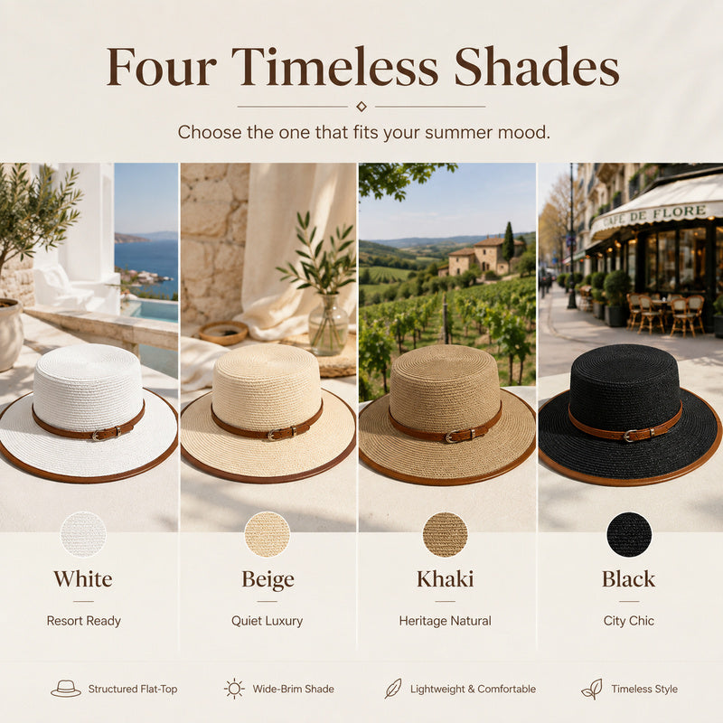 Women's Wide Brim Straw Boater Hat — Buckle Band, Structured Flat-Top, 4 Colors