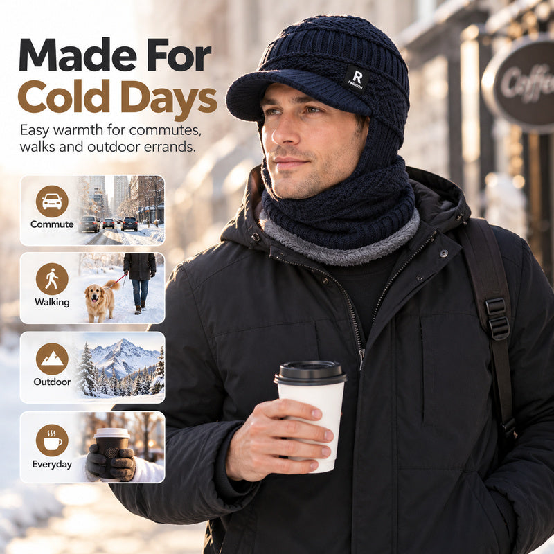 Winter Knit Hat with Visor Face Cover & Neck Warmer