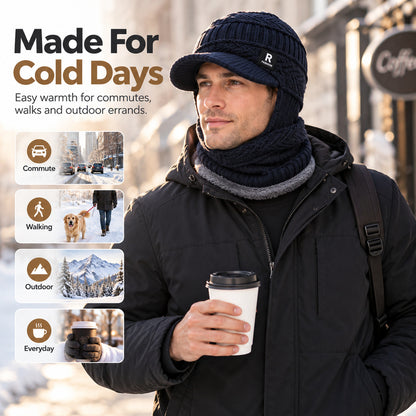 Winter Knit Hat with Visor Face Cover & Neck Warmer