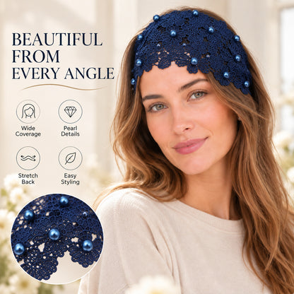 Wide Lace Pearl Headband – Elegant Floral Hair Band with Stretch Back.
