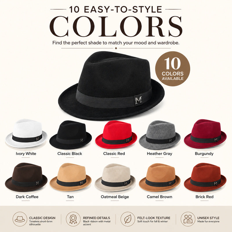 Classic Short-Brim Trilby Hat — Premium Felt, Metal Accent, 10 Colors, Unisex