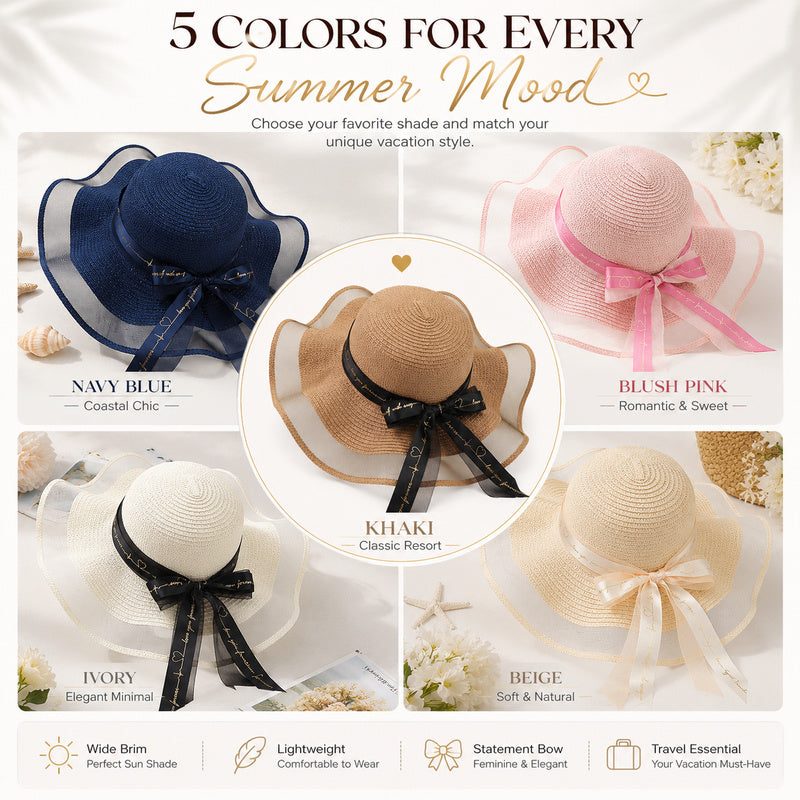 Women's Wide Wavy Brim Straw Sun Hat — Sheer Mesh Edge, Statement Bow, 5 Colors