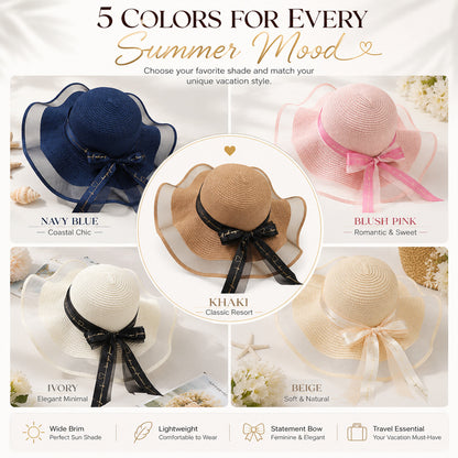 Women's Wide Wavy Brim Straw Sun Hat — Sheer Mesh Edge, Statement Bow, 5 Colors