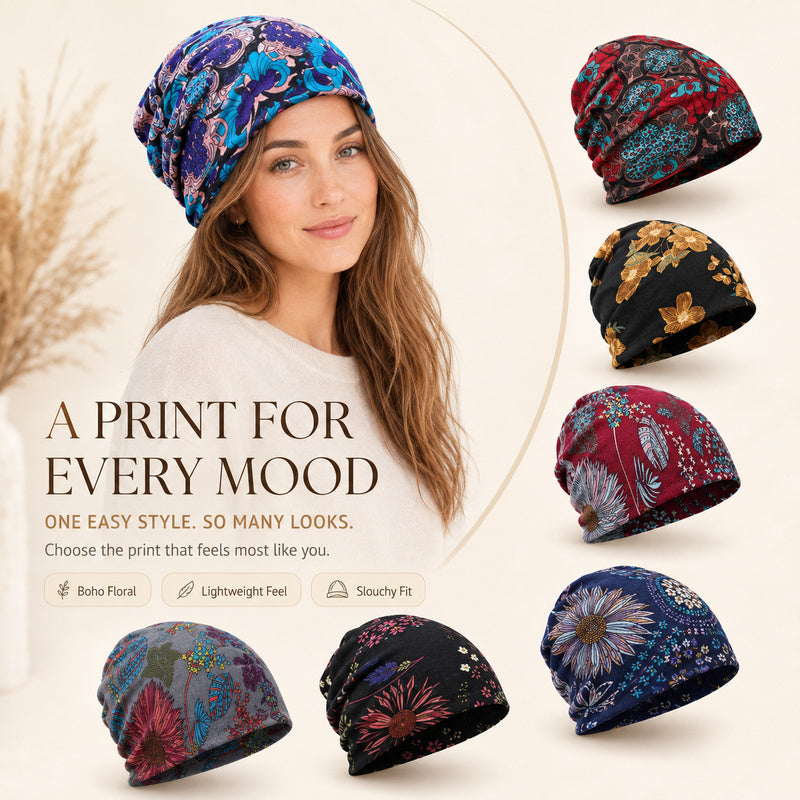 Boho Floral Slouchy Beanie for Women Lightweight Soft Stretchy Hat