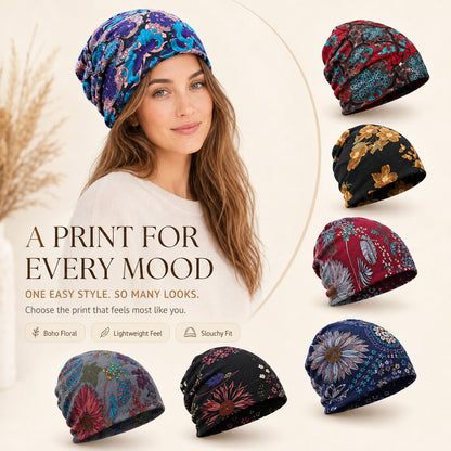 Boho Floral Slouchy Beanie for Women Lightweight Soft Stretchy Hat