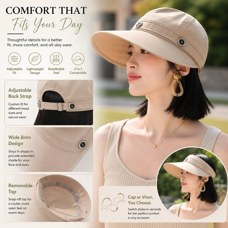 Women's Wide-Brim 2-in-1 Convertible Sun Hat — Cap & Visor.